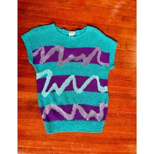 Vintage 80's Colorful Teal Purple Funky Stripe Sweater Blouse Medium Large Retro